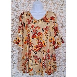 Stem & Vine Tunic Top Size 1X Brown Floral Pattern 3/4 Bell Sleeves Bohemian